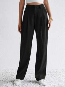 SHEIN Tall Chất rắn Chi tiết nếp Quần tây - Màu xám đen - Xem 4