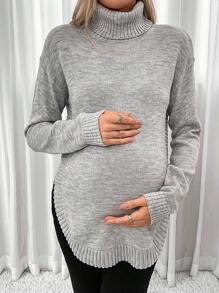 SHEIN Maternity Turtleneck Curved Hem Drop Shoulder Sweater With Long Sleeve, For Winter - Light Grey - View 3