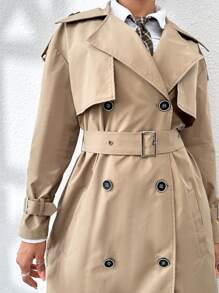 SHEIN Unity Đôi ngực Tự khóa Thắt lưng Áo khoác Trench - Màu be - Xem 3