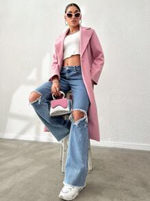 SHEIN Unity Lapel Neck Flap Detail Overcoat - Pink - View 3