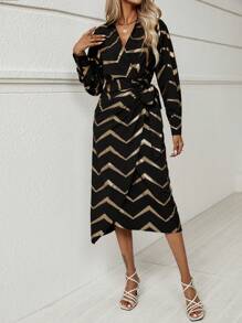 SHEIN Clasi Gold Chevron Print Knot Side Wrap Dress - Black - View 3
