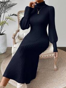Chiquease Turtleneck Lantern Sleeve Sweater Dress - Navy Blue - View 5