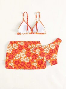 SHEIN Swim Tween Girl Floral Print Bikini Set With Beach Skirt Summer Beach - Multicolor - View 2