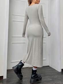 SHEIN EZwear Square Neck Wrap Hem Bodycon Dress - Grey - View 3