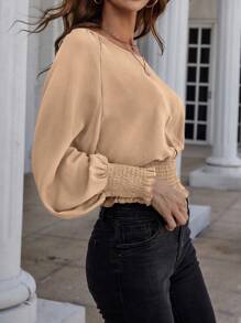 SHEIN Clasi Chất rắn Tay áo Đèn lồng Lá sen tỉa Áo sơ mi - Màu Khaki - Xem 4