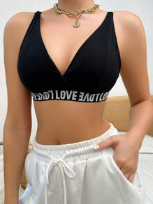 拼接字母織帶無鋼圈內衣 - 黑色 - 查看 5