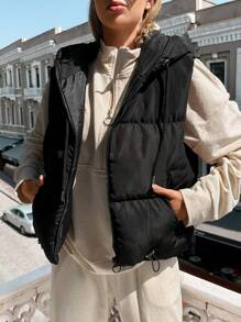 EURMUSE Women's Solid Color Minimalist Hooded Sleeveless Padded Coat, Casual Everyday Wear - Black - View 3