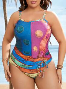 Swim Lushoire Plus Geo Print Top And Drawstring Side Bottom Tankini Set, For Summer Beach Vacation - Multicolor - View 1