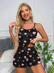 Heart Print Lettuce Trim PJ Set / Pajama Set