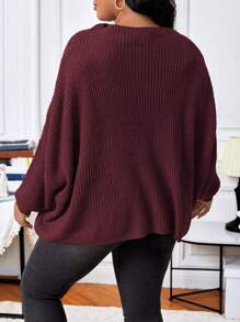 Calvaya Plus Batwing Sleeve Ribbed Knit Sweater - Burgundy - View 2