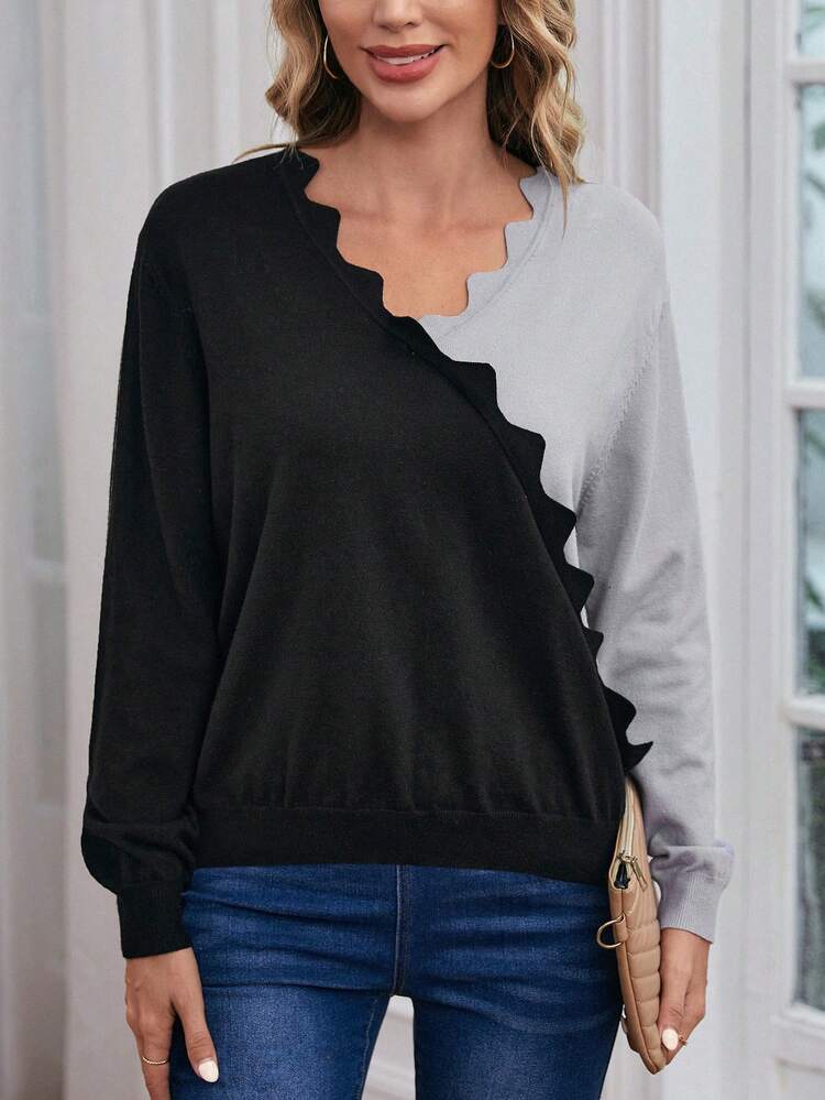 Two Tone Scallop Trim Drop Shoulder Sweater