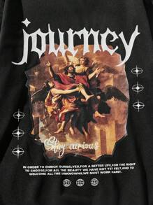 ROMWE MEN Street Life Guys Slogan & Figure Graphic Drawstring Hoodie - Black - View 4