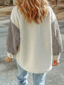 CILKOO Two Tone Drop Shoulder Teddy Coat - Grey - View 2