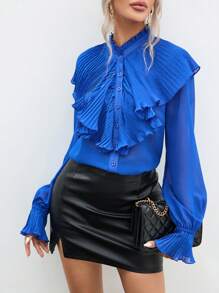 SHEIN Privé Viền Ruffle Xếp li Tay áo loe Áo sơ mi - Màu xanh lam - Xem 4