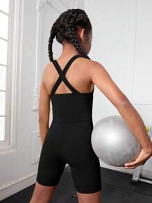 SHEIN 女大童素色交叉露背運動連體短褲 - 黑色 - 查看 3