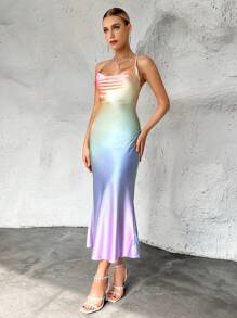 SHEIN Privé Bóng cổ áo xếp nếp Crisscross Backless Váy Dây - Nhiều màu - Xem 5