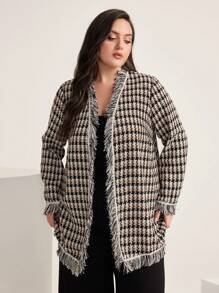 Modelyn Plus Plaid Print Raw Trim Open Front Tweed Overcoat Fall Cloth For Women - Black and White - View 4
