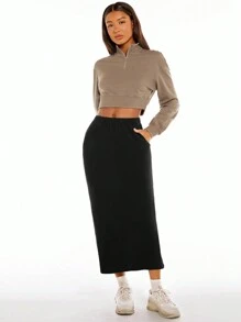 SHEIN BASICS Terry Fleece Elastic Waist Slant Pocket Solid Skirt - Black - View 7