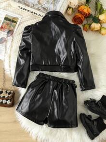 SHEIN 女小童泡泡袖PU皮革夾克和百褶半身裙 - 黑色 - 查看 2