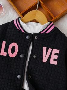 SHEIN Young Girl Letter Graphic Striped Trim Varsity Jacket & Skirt Without Tee