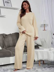 Mulvari Raglan Sleeve Sweater & Knit Wide Leg Pants 2 Piece Set