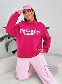 SHEIN EZwear Hơn Đồ họa Chữ cái Thả vai Áo nỉ - Màu Hồng Tươi - Xem 1