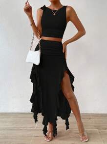 SHEIN Privé 素色背心上衣&荷葉邊不對稱下擺半身裙 - 黑色 - 查看 3