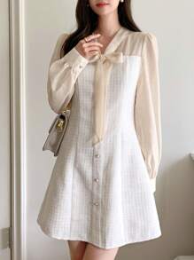 DAZY Tie Neck Button Front Puff Sleeve Dress,Fall Dress - Apricot - View 4