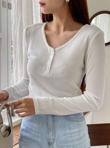DAZY Lace Trim Button Front Tee - White - View 3
