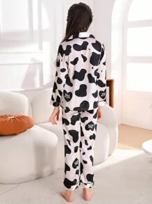 Tween Girl Cow Print Contrast Piping Satin PJ Set - Black and White - View 3