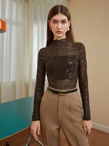 BizChic Mock Neck Lettuce Trim Top Without Bra - Khaki - View 1