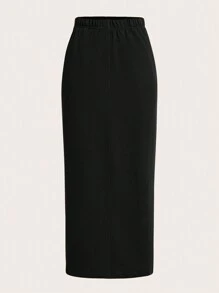 SHEIN BASICS Terry Fleece Elastic Waist Slant Pocket Solid Skirt - Black - View 3