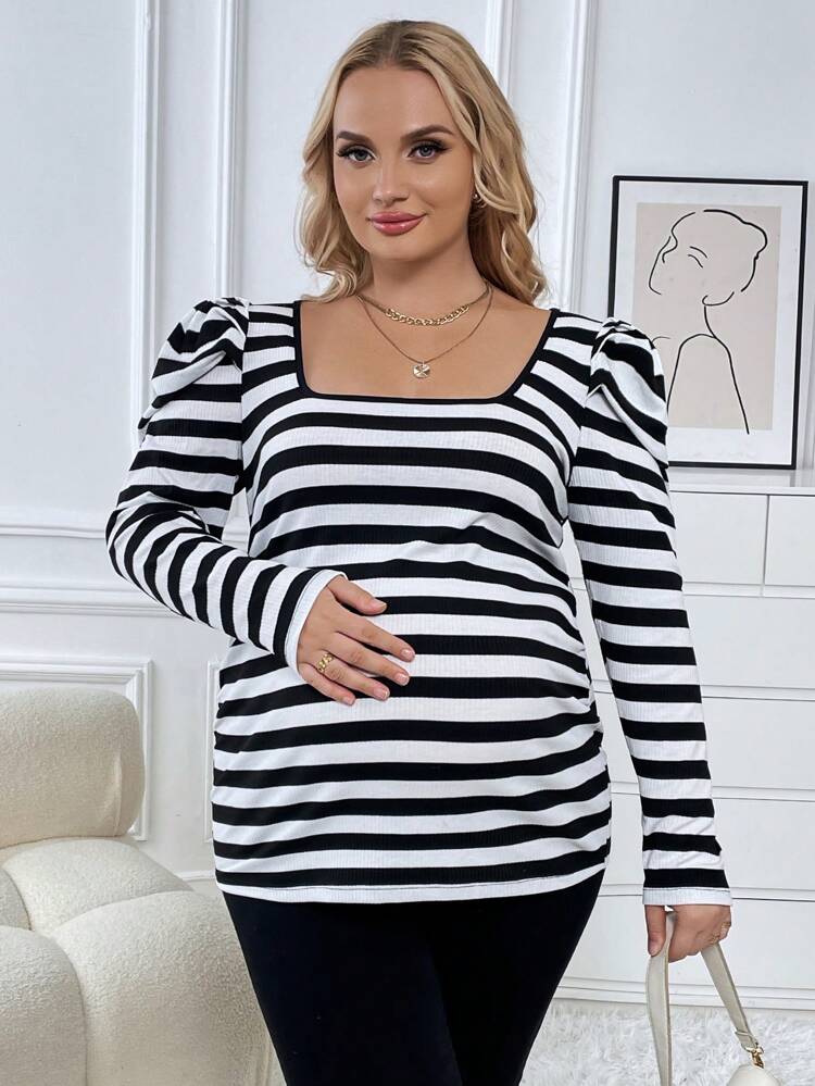 Maternity Plus Striped Print Gigot Sleeve Tee