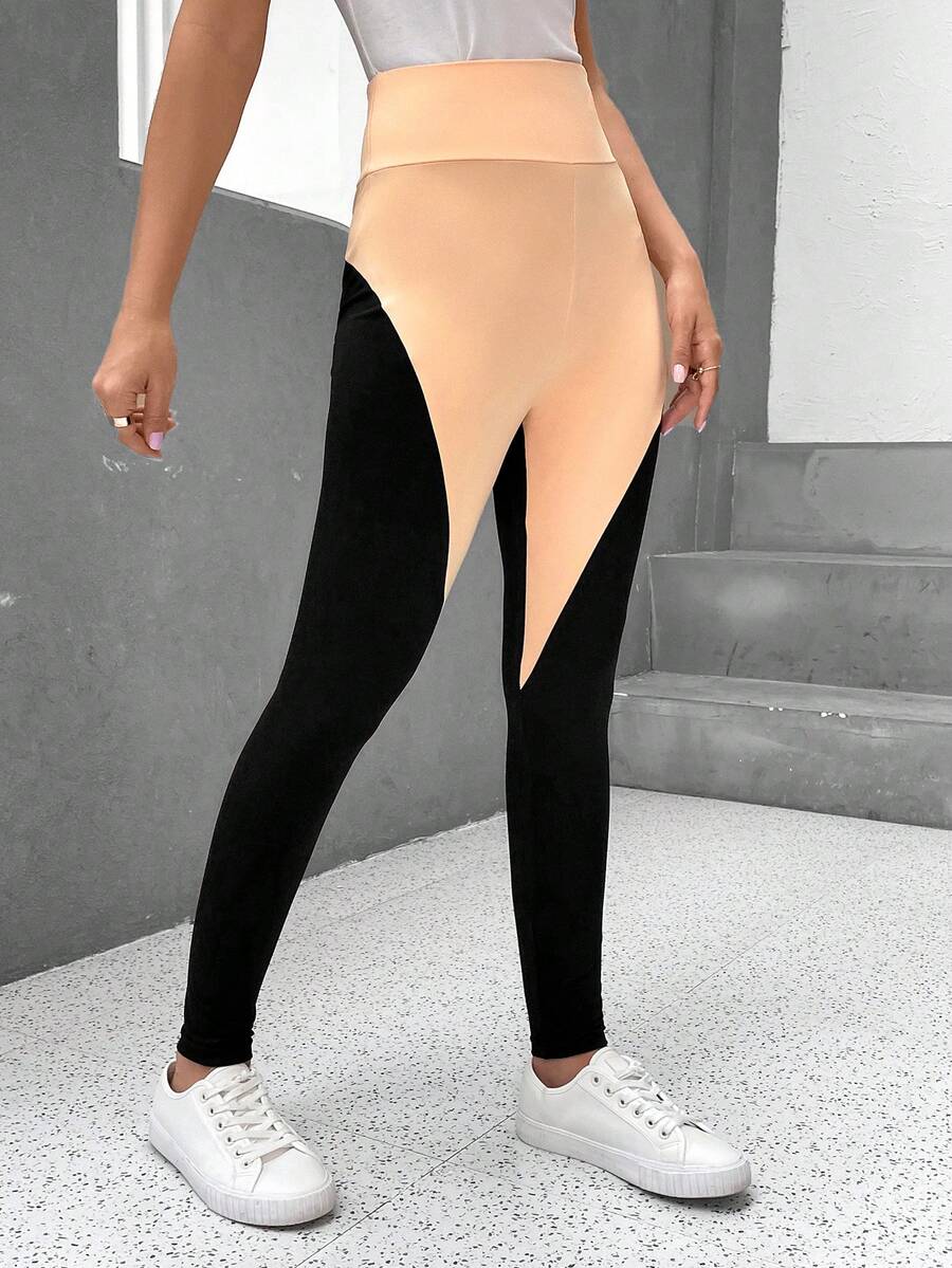 SHEIN Essnce Two Tone Wideband Waist 2 In 1 Leggings - Khaki - View 1