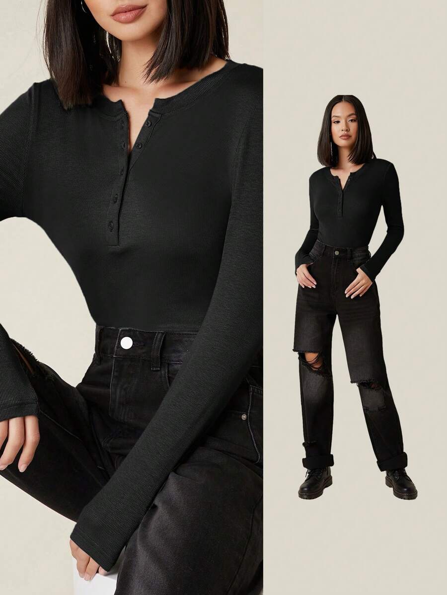 SHEIN BASICS Button Half Placket Rib-knit Tee - Black - View 1