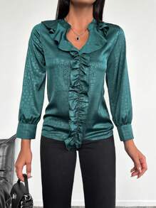 EURMUSE Blusa jacquard ribete con fruncido de satén - Verde Oscuro - Ver 1