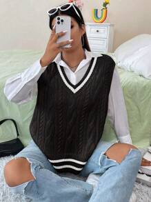 Sweetra Plus Striped Trim Cable Knit Sweater Vest Without Blouse Winter Fall Autumn