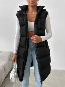 EURMUSE Zip Up Hooded Puffer Vest Coat - Black - View 1