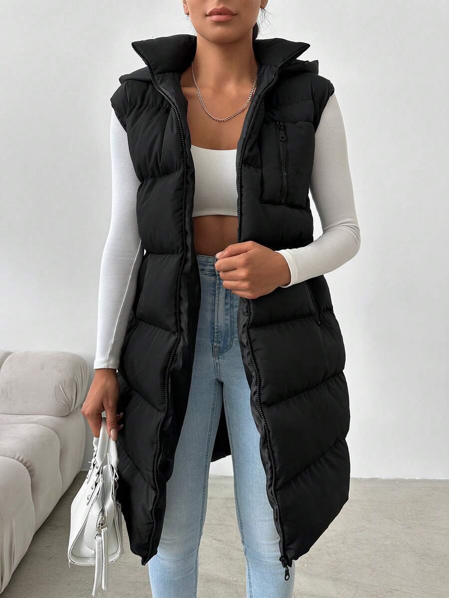 EURMUSE Zip Up Hooded Puffer Vest Coat - Black - View 1