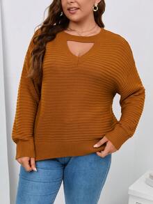SHEIN LUNE Plus Keyhole Neck Drop Shoulder Sweater - Orange - View 4