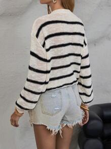 SHEIN LUNE Mẫu sọc Thả vai Lace lên phía trước Áo len - Đen và trắng - Xem 2