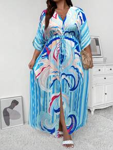 SHEIN Holidaya 大碼植物圖案蝙蝠袖腰上打結洋裝 - 藍色 - 查看 4