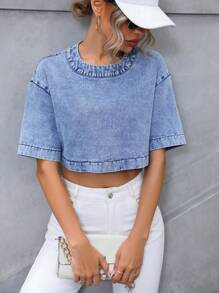 SHEIN Privé Drop Shoulder Crop Denim Top - Blue - View 6