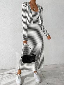 SHEIN EZwear Striped Print Cami Dress & Open Front Jacket - Black and White - View 4