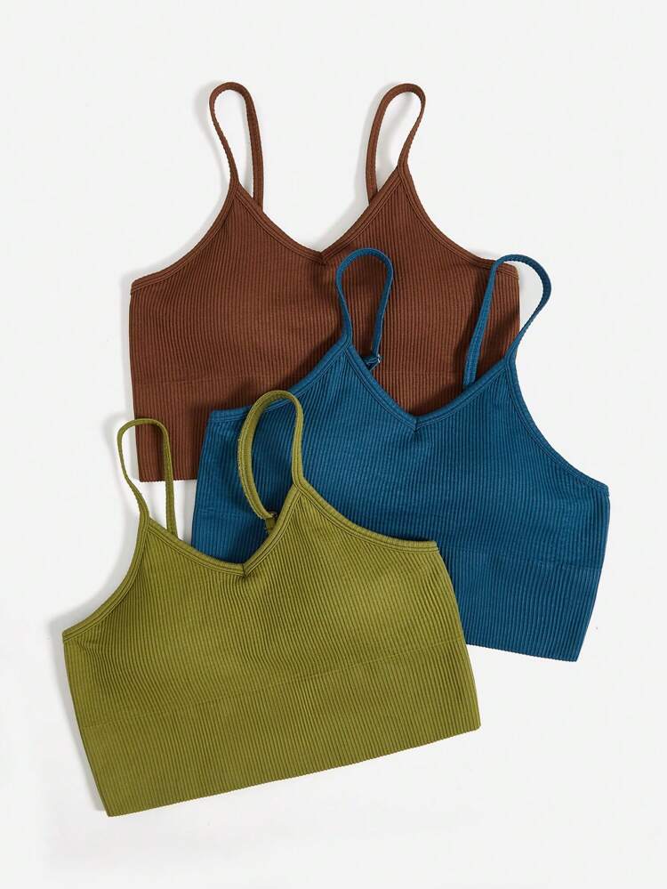 3pcs Solid Ribbed Knit Sports Bra