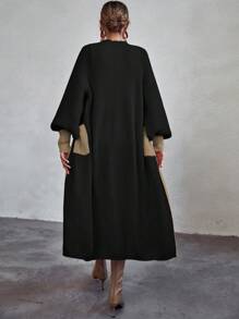SHEIN Clasi Cárdigan con recorte en contraste, bolsillos duales y hombros caídos, blusas de manga larga