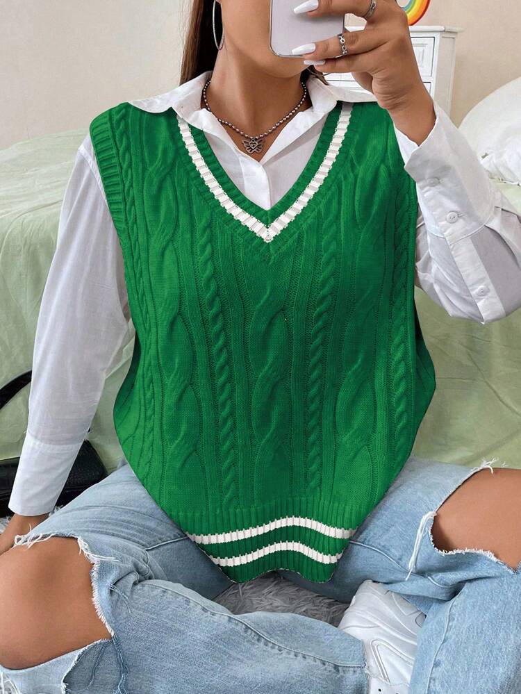 Plus Striped Trim Cable Knit Sweater Vest Without Shirt Winter Fall Autumn