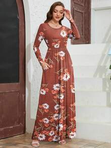 DEARCASE 女士花卉印花圆领长袖口袋 A 字形连衣裙 - 彩色 - 查看 3