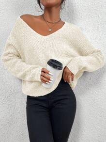 SHEIN LUNE V Neck Drop Shoulder Ribbed Knit Sweater,Long Sleeve Tops Knit Pullover Fall Winter Sweater - Beige - View 5