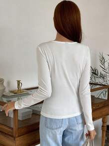 DAZY Lace Trim Button Front Tee - White - View 6